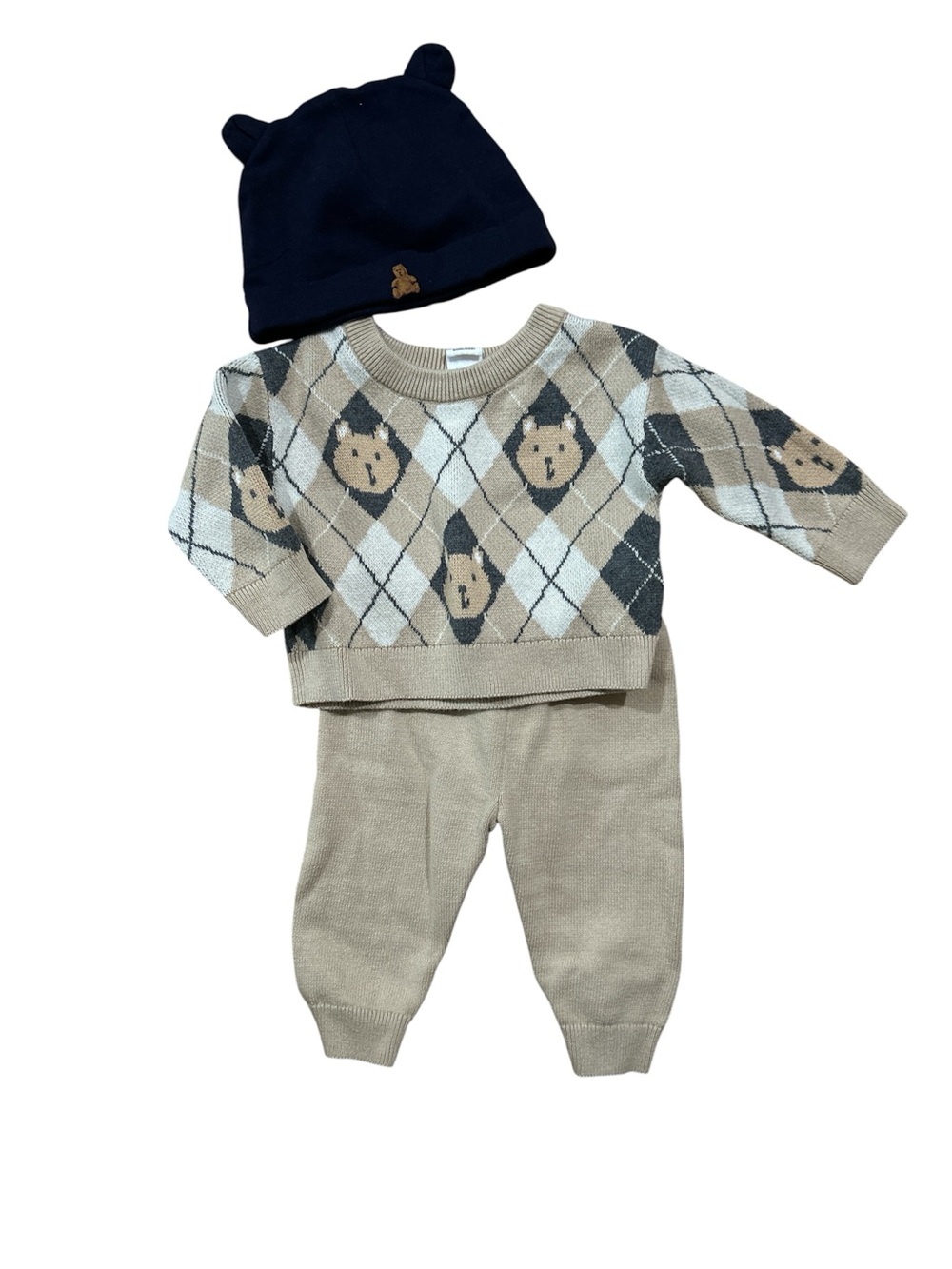 GAP Baby Tan Cream and Black Argyle Bear Knit Sweater